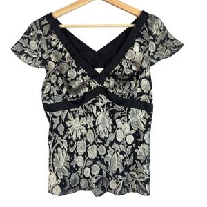 Vintage Y2K Loft Black Floral Flutter‎ Sleeve Vented Blouse Top Shirt 6 Grunge